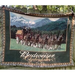 Vintage Budweiser Clydesdales Woven Tapestry Fringed Throw Blanket